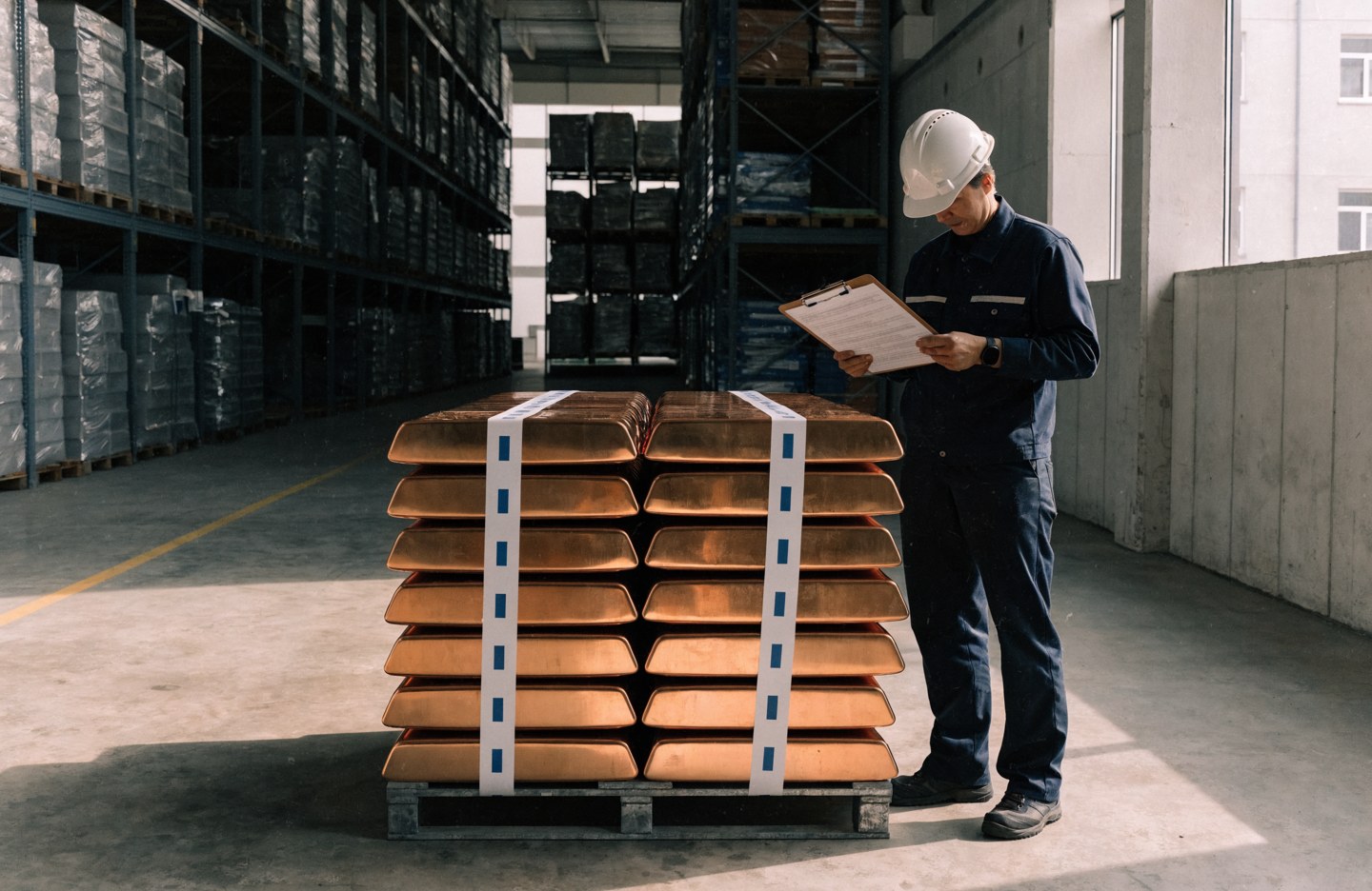 Warehouse inspector comparing a receipt with stored copper inventory