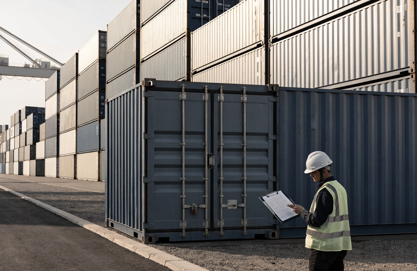Logistics inspector checking a shipment manifest beside a freight container