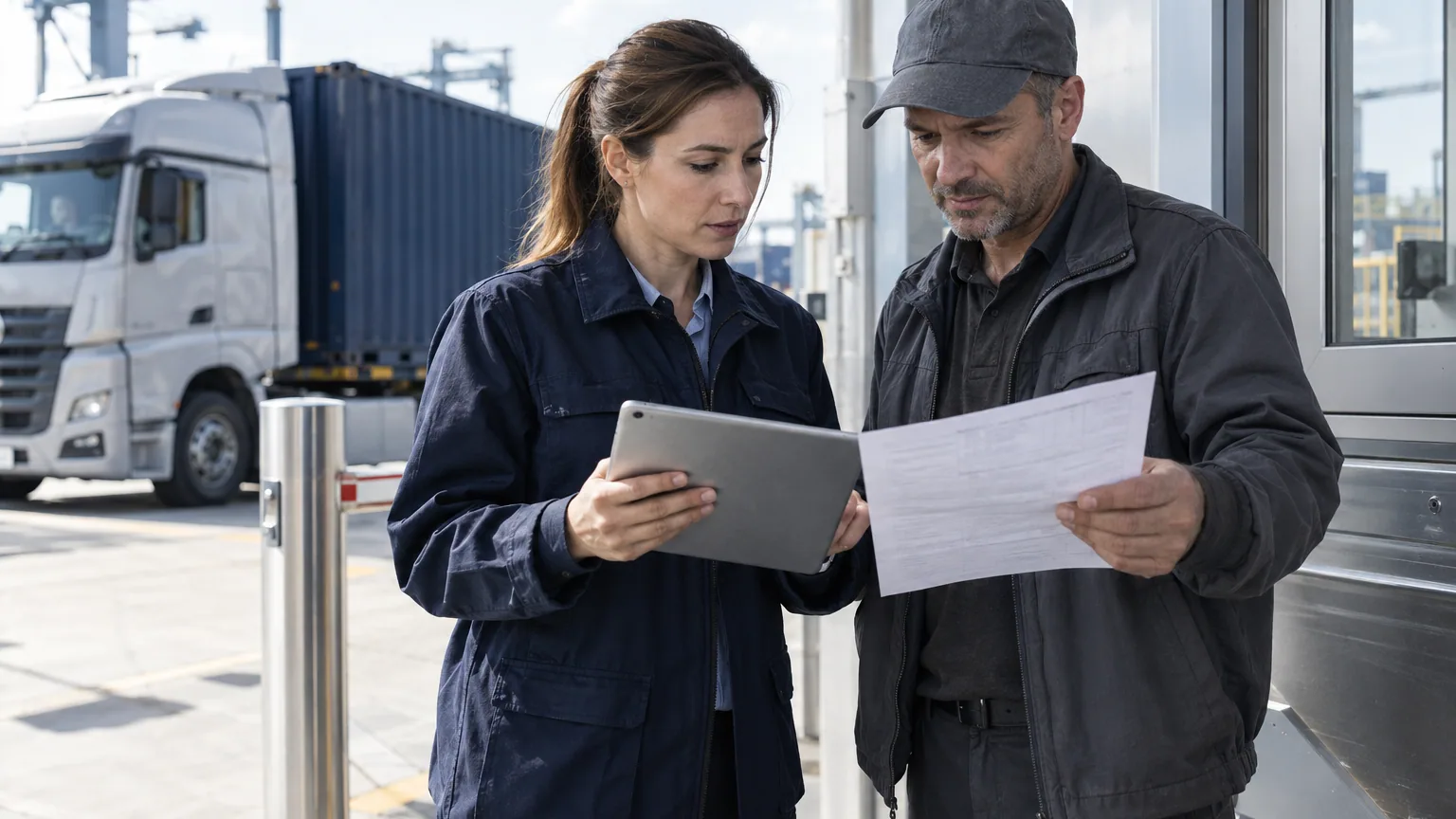 A logistics coordinator and driver compare a tablet record with a paper manifest at a depot.