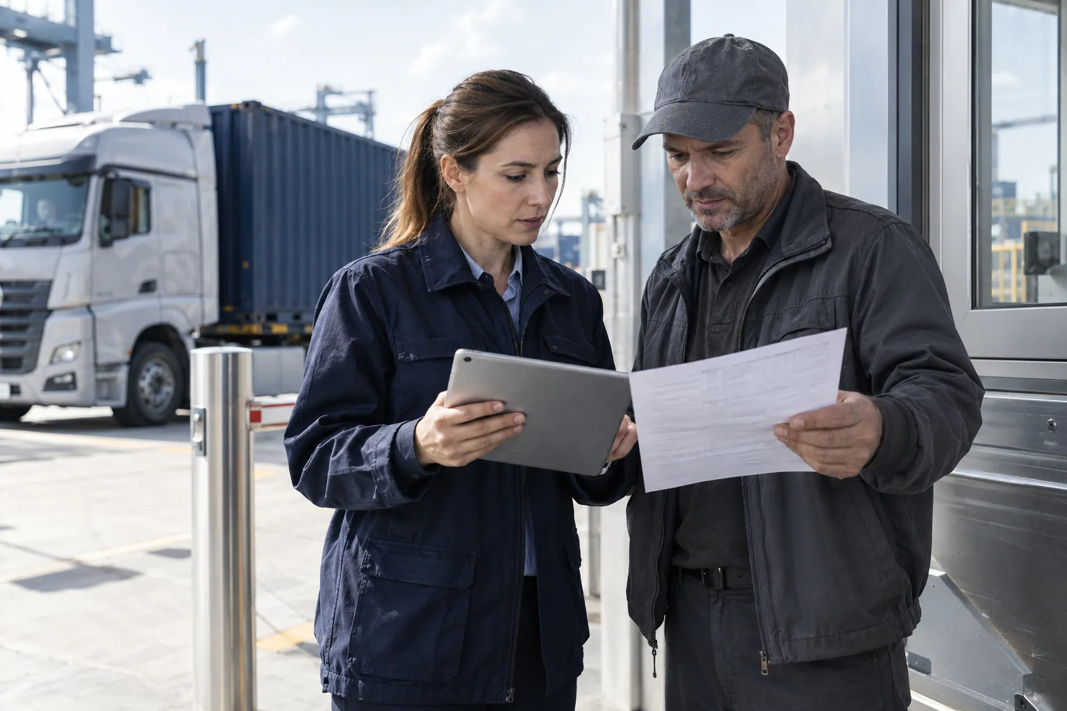 A logistics coordinator and driver compare a tablet record with a paper manifest at a depot.