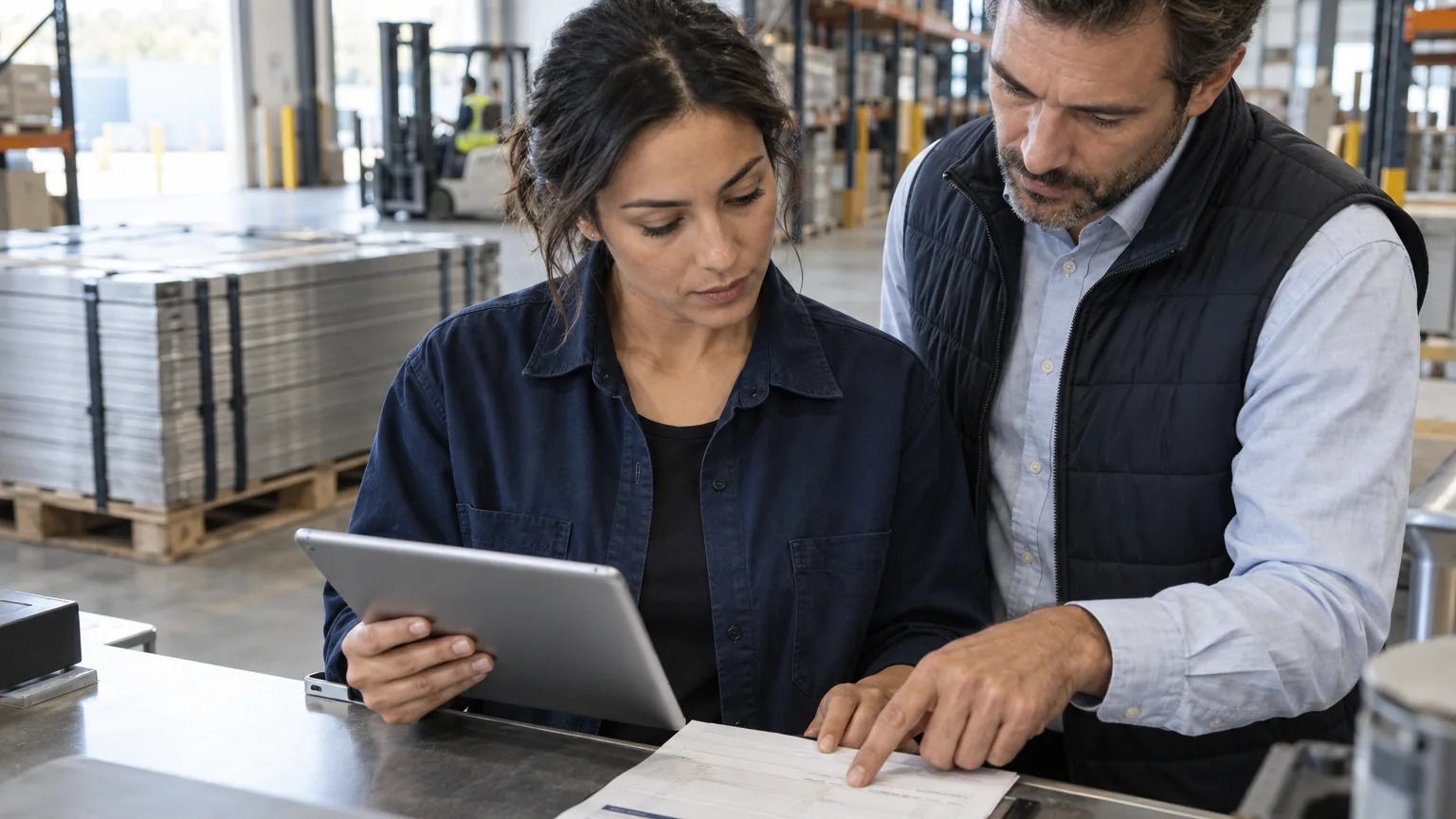 An inventory specialist and auditor compare a warehouse receipt with a tablet beside stored metal.