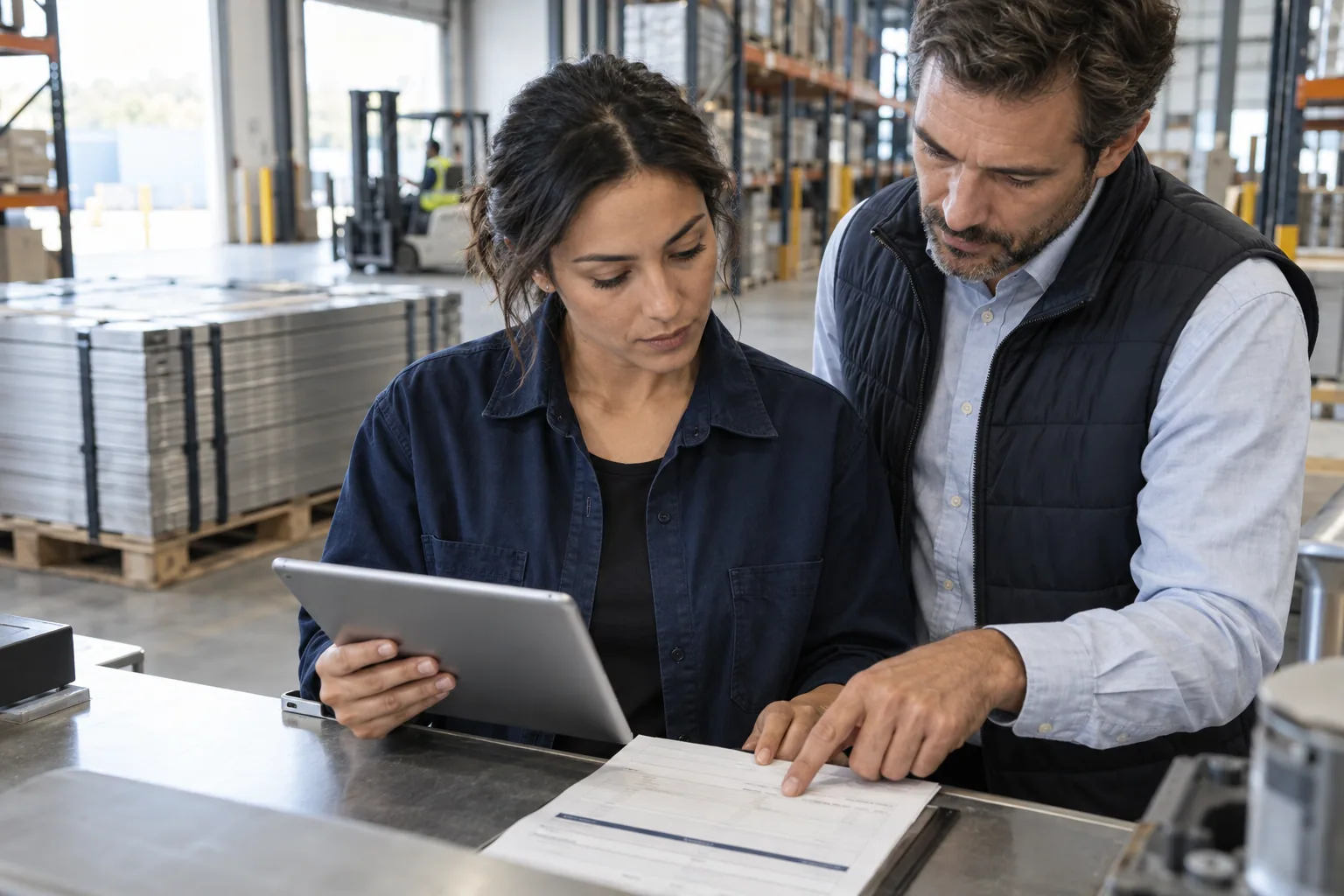An inventory specialist and auditor compare a warehouse receipt with a tablet beside stored metal.