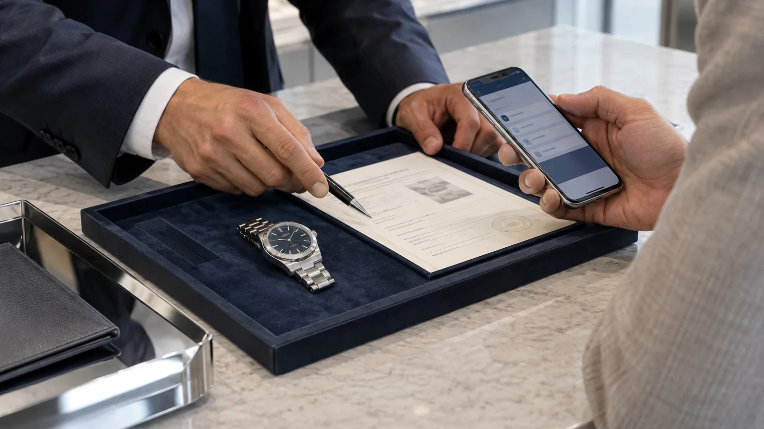 At a watch counter, a buyer checks a smartphone beside a steel watch and its provenance document.