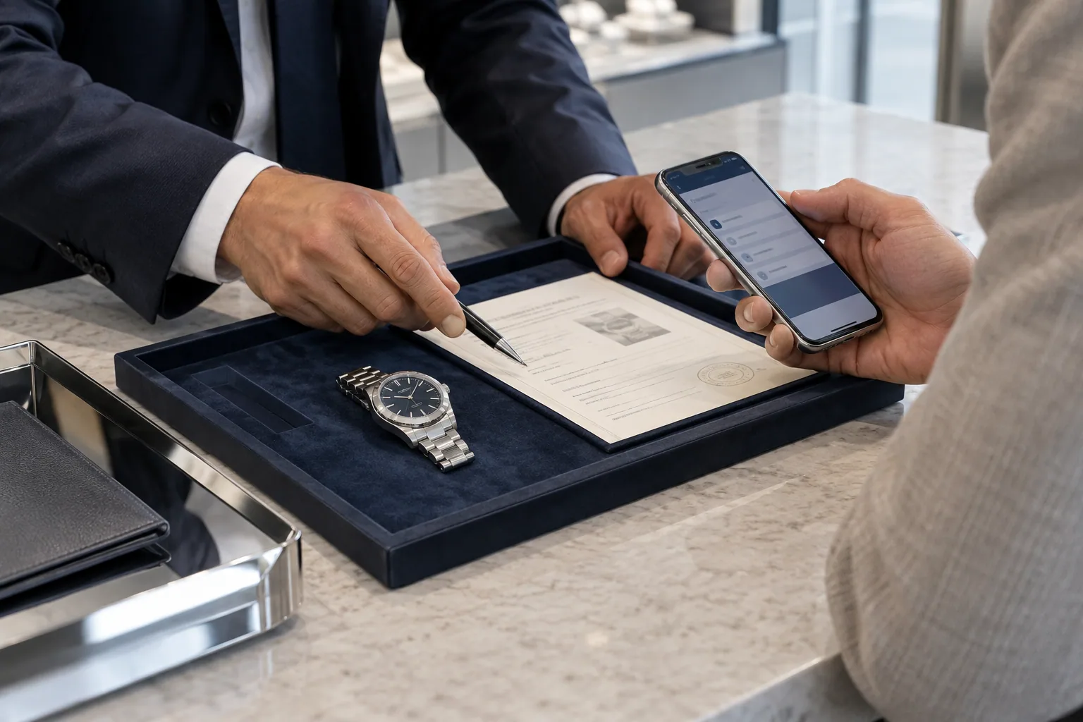 At a watch counter, a buyer checks a smartphone beside a steel watch and its provenance document.